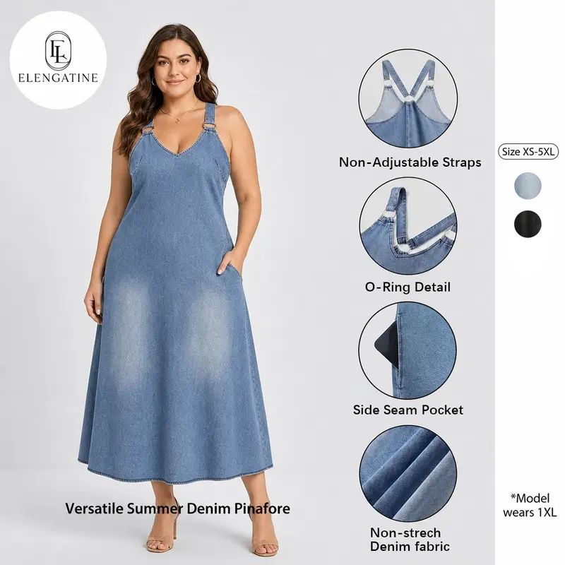 Elengatine Women's Cotton Chic Strappy Sleeveless A-Line Denim Maxi Dress - Back Straps, Lightweight Elegant Fit, Medium Blue Wash, Summer Casual for Vacation/Everyday Wear, Multiple Sizes, Womens Dresses, Clothes for Women