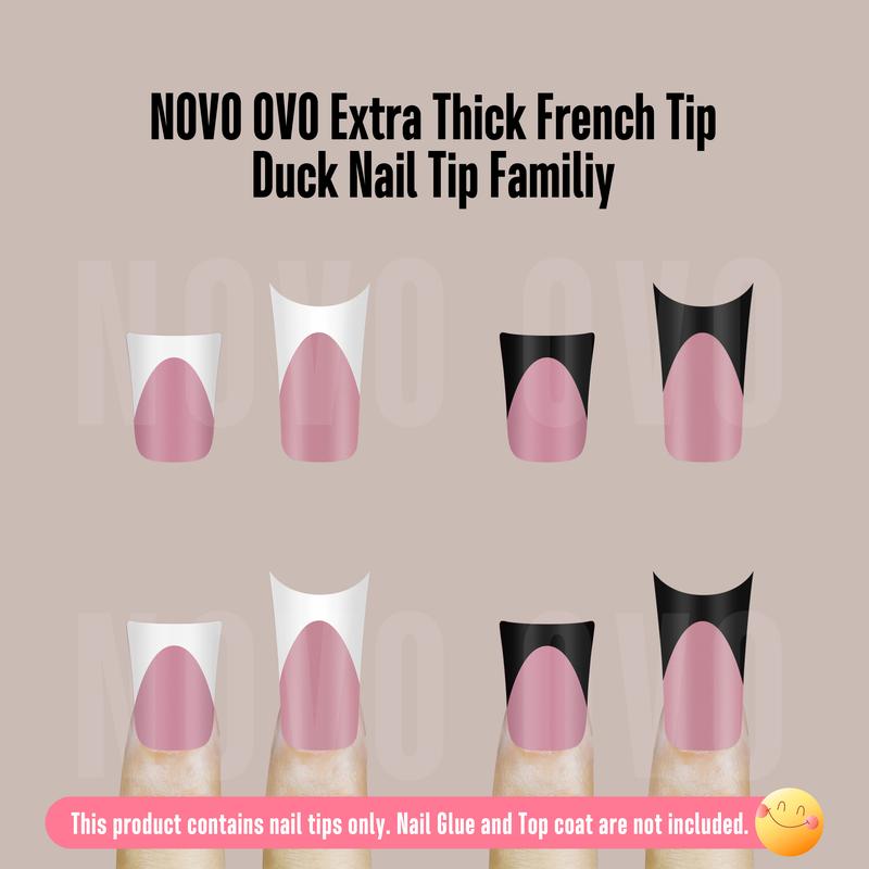 NOVO OVO White French Tip Duck Feet Nail Tips Full Cover for Press on Acrylic with Moon Curve, Thick Medim Long Pre-Etched Matter Flare Wide Soft Gel Fake False Nail Extension x 15 Sizes 150 pcs【NO GLUE ,TOP COAT AND LAMP INCLUDED】