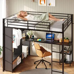 Garvee Metal Queen Loft Bed with Desk and Storage Shelves, Heavy Duty Bedframe with Wardrobe, Hanging Rod, Guardrail and Ladder, Black
