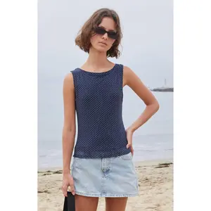 John Galt Women's Blue Polka Dot High Neck Tank Top