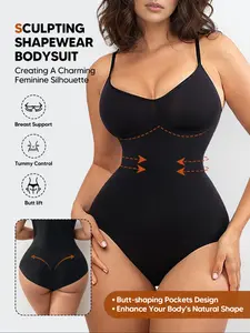 Women’s Seamless Shapewear Bodysuit — No Built‑In Pads, Bust‑Friendly Fit, Tummy Control, Butt Lifter & Thigh Sculpting, Medium Compression, Black, Slim