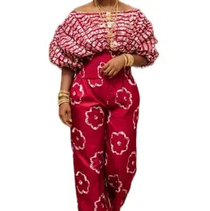 Women's Ankara Off Shoulder Outfit with Trouser Combo Set - Red Floral Print, Puff Sleeves, High Waist, Stylish & Comfortable