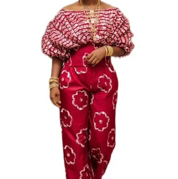 Women's Ankara Off Shoulder Outfit with Trouser Combo Set - Red Floral Print, Puff Sleeves, High Waist, Stylish & Comfortable