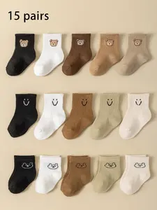 Baby Cartoon Bear & Smile Face Pattern Calf Socks, Casual Soft Comfy Breathable Socks for Baby Boys & Girls, Kid's Socks for All Seasons