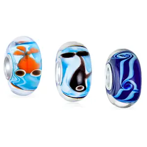 Sterling Silver Mixed Nautical Set Multi Color Glass Gold Fish Whale Waves Charm Bead for Bracelet