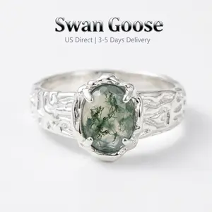 925 Sterling Silver Unique Green Moss Agate Gemstone Vintage Openning Ring with Rustic Tree Bark Texture，Perfect Gift for Her, Everyday Wear & Statement Look
