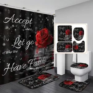 1/3PCS Rustic Red Rose Quotes Shower Curtain Set with Rugs, Non Slip Bath Mat, U-Shape Carpet, Toilet Lid Cover, Polyester Bathtub Curtain Accessories, 12 Hooks, Bathroom Decoration Accessories, Home Bathroom Decor