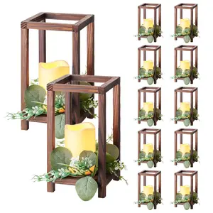 VEVOR 12 Set/36 Pcs Wooden Wedding Lantern Centerpiece, Includes 12 Wooden Lantern Candle Holder 12 Flameless LED Candle 12 Eucalyptus Leaves Wreath for Wedding Table Party Farmhouse Decor, Brown