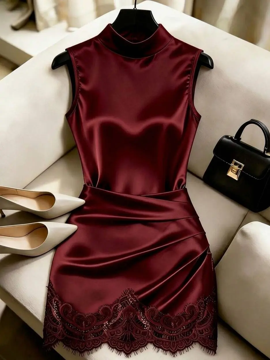 ✨ Women's Satin High Neck Bodycon Dress, Elegant Sleeveless Lace Trim Dress For Parties And Evening Events.