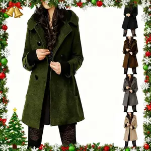 Women's Warm Double Breasted Wool Pea Coat Trench Coat Jacket with Hood for Winter and Autumn Christmas outfitGift
