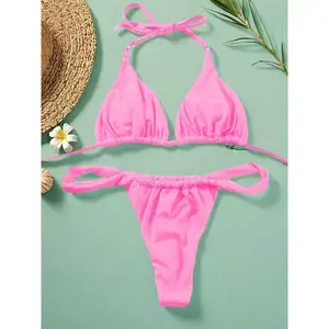 Two-Piece Set Women's Solid Tie Back Halter Bikini Triangle Top & Thong Swimwear Set, Casual Chic Swimwear Set, Ladies Summer Beach Holiday Vacation Swimsuit