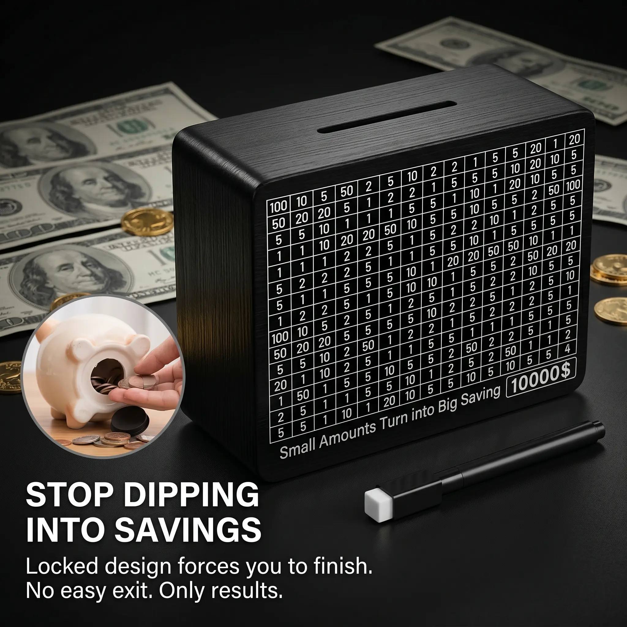 Wooden Money Saving Box, Cash Vault Savings Box for $10000 $5000 $3000 $1000 $800 $500 Target Money Saving Challenge, Reusable Money Box with Counter, Dry Erase Pen/Savings Trackers/Rubber Band-Brown