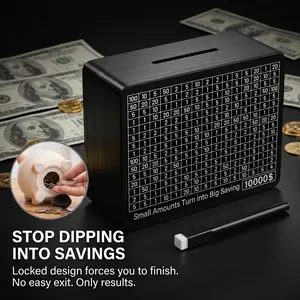 Wooden Money Saving Box, Cash Vault Savings Box for $10000 $5000 $3000 $1000 $800 $500 Target Money Saving Challenge, Reusable Money Box with Counter, Dry Erase Pen/Savings Trackers/Rubber Band-Brown