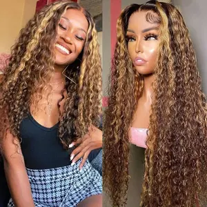 Honey Blonde Deep Wig Human Hair 13x6 HD Highlight Ombre 4/27 Deep Wave Lace Front Wigs Human Hair Pre Plucked 180% Density Glueless Colored Wigs for Women Wet and Wavy Lace Front Wigs 36 Inch