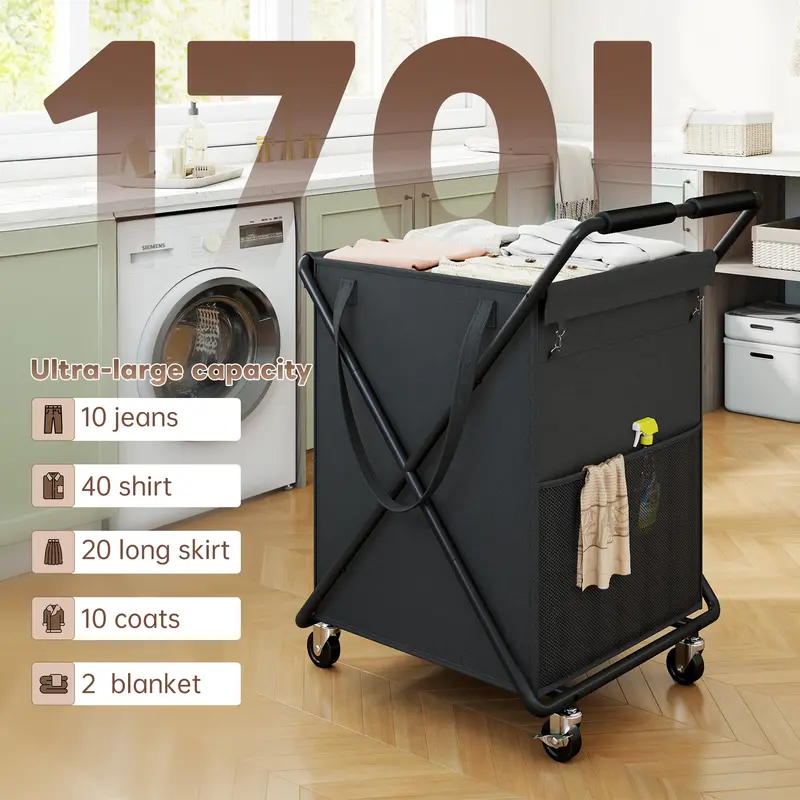 【Spring Glow up】 Raybee 45 Gallons/170L Laundry Basket With Wheels & Laundry Detergent Pocket,Extra Large Washable & Easy to Carry Laundry Hamper for Home Bathroom,Bedroom,Gym,Elderly