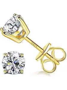 Sterling Silver Cubic Zirconia Stud Earrings for Women Men 14k White Gold Plated Round CZ Earrings for Sensitive Ear (Gold, 6.5MM(2CT)) Solitaire Earrings