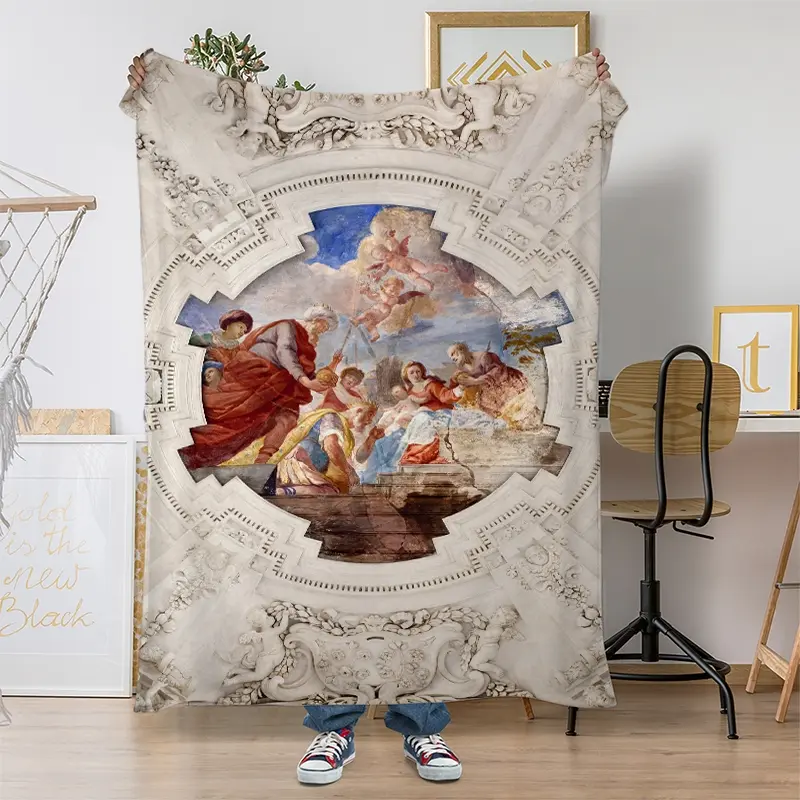 Baroque Ceiling Art Throw Blanket Angelic Saints Soft Blanket for Bed Extra Large Machine Washable All Season Flannel Anti Seasonal Blanket Comfort for Home Office Travel & Camping Gifts for Women Girls Friend