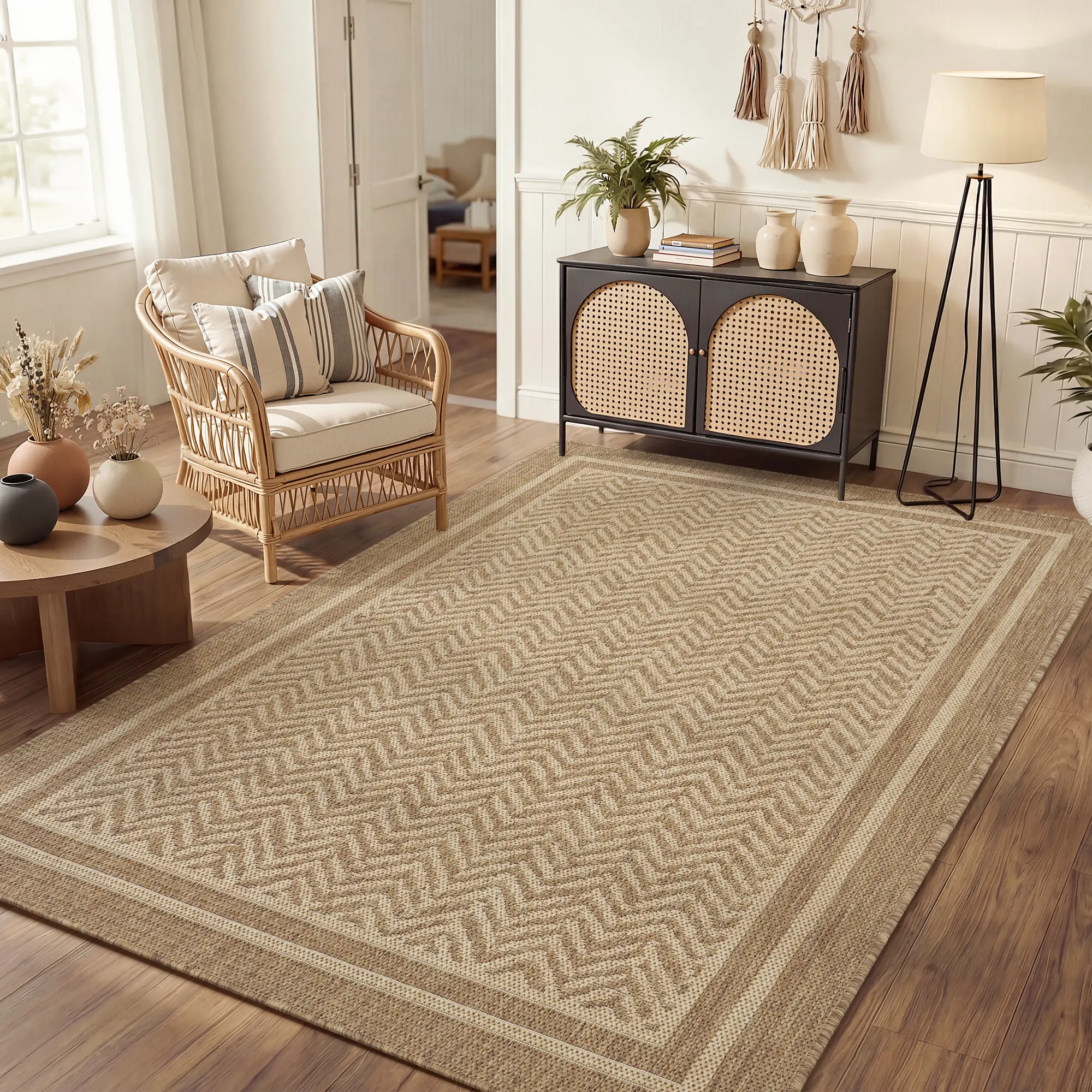 Amoami Polypropylene Geometric Weave Indoor-Outdoor Area Rug, Fade-Resistant Flatweave Floor Mat, Modern Boho Decorative Carpet for Patio/Balcony, Sohochic
