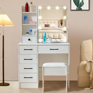 Vanity Desk with Sliding Mirror and LED Lights, Vanity Table Set with Stool, Drawers, for Bedroom, White