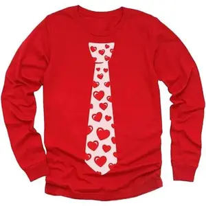 Tstars Red Hearts Tie Design Valentine's Day Long Sleeve T-Shirt for Kids Boys Girls Youth Comfortable Soft Breathable Gift