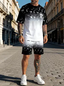 Men's K-pattern gradient print casual and stylish two-piece set Clothes, featuring a summer sporty Fitted crew neck short-sleeved top and drawstring shorts, suitable for outdoor and street wear.