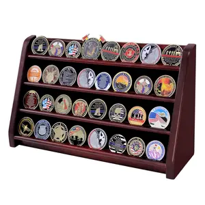 Challenge Coin Display Case, 4 Row Solid Wood Military Coin Holder Rack for 30 Coins, Mahogany Finish, Desk or Wall Mount
