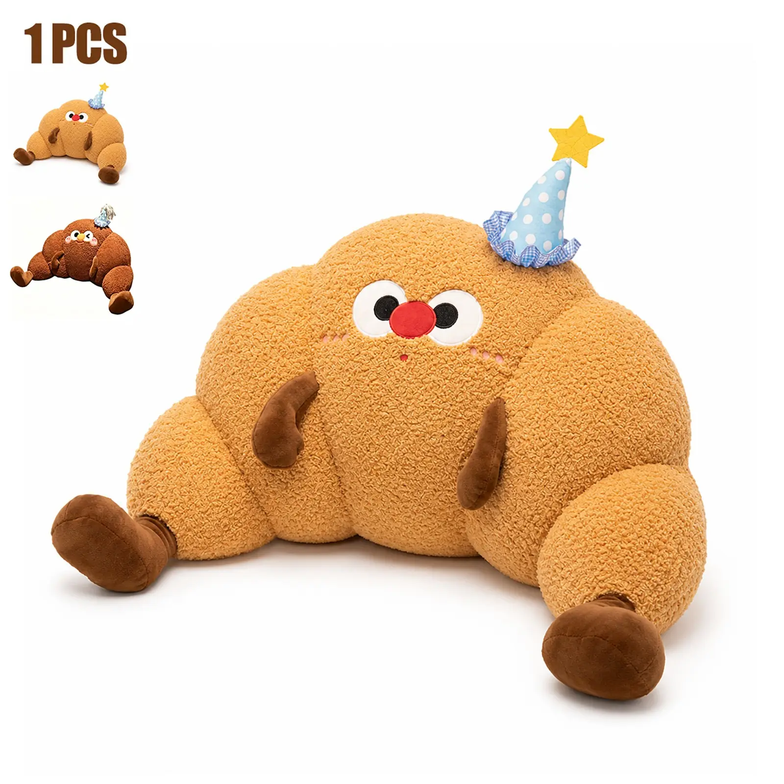 Croissant Plush Pillow, Cute Food Shaped Stuffed Cushion with Party Hat, Soft Huggable Throw Pillow for Sofa, Bed, Office, Cozy Gift for Kids & Teens
