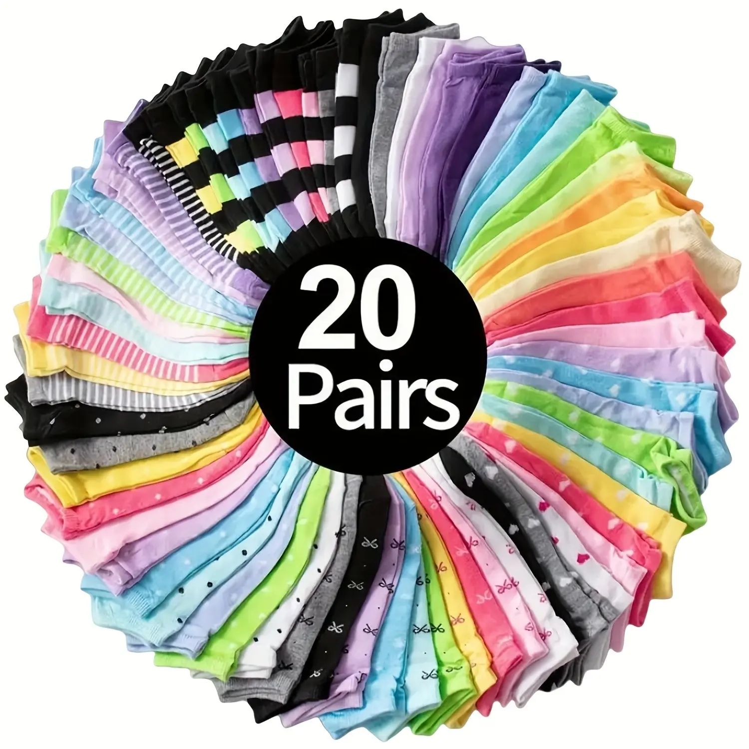 20-Pair Pack Women's Candy-Colored Heart Stripe Casual Striped Ankle Socks, Multi-Color, Sock Set, Casual Comfy Socks