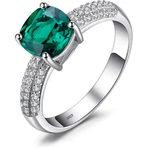 JewelryPalace Cushion Cut 1.8ct Simulated Emerald Solitaire Rings for Her, 14K White Yellow Rose 925 Sterling Silver Promise Ring for Women, Green Gemstone Jewelry Sets Rings