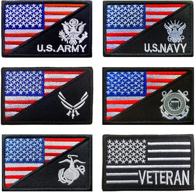 6 Pack Tactical Patch Set of U.S. Army U.S. Navy U.S. Air Force Coast Guard Veteran Military Emblem Patch for Tactical Army Clothes Backpack Caps Hats Vest Uniform -Black