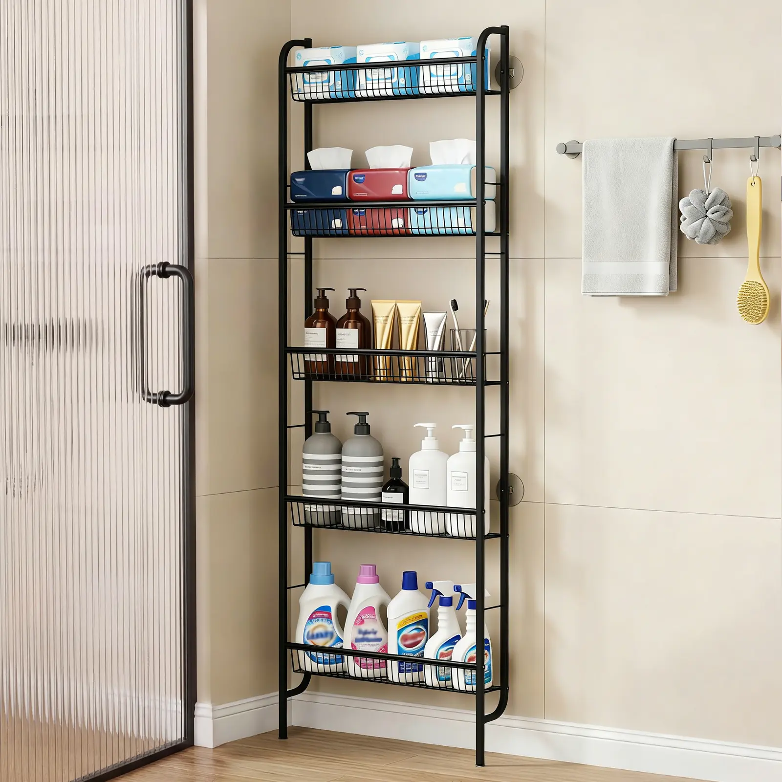 5-Tier Smooth Heavy-Duty Narrow Behind-Door Bathroom Shelf, Slim Freestanding Organizer with Anti-Slip Base, Decor Storage Rack for Small Spaces - Small Room Ideas for Bathroom Pantry Cabinet Organization