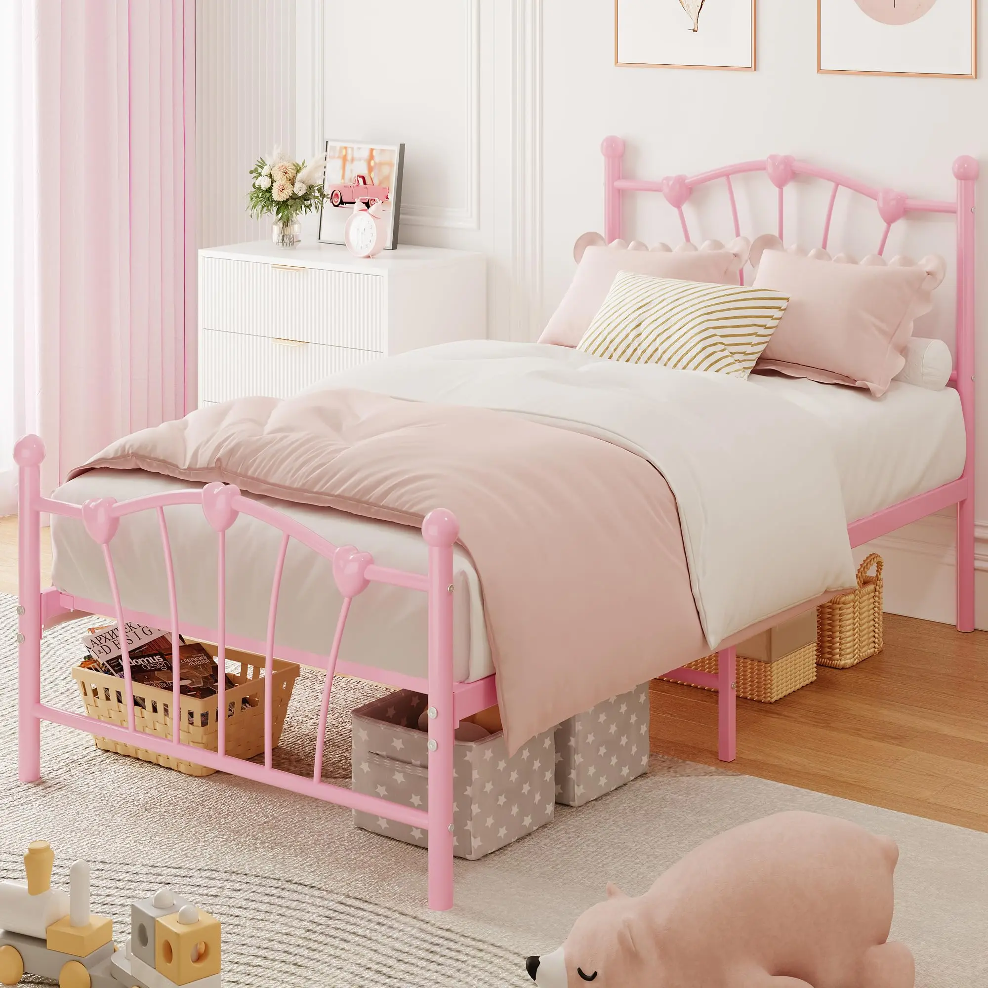Pink Twin Bed Frame for Kids - Heart Shaped Headboard & Tailboard, Heavy Metal Slat Support, Noiseless, Twin Size, Perfect for Children's Room