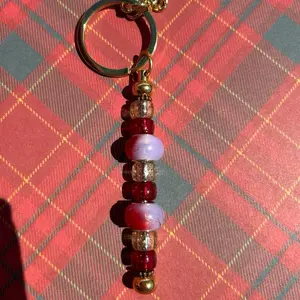 Red White & Gold Shiny Sparkly Keychain with Beads and Gold Color Accents