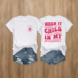 Women's Soft Cotton Graphic Tee - "When It Comes to My, I Will Shoot" Letter Print, Casual Crew Neck Short Sleeve T-Shirt, Black & Pink Design, Machine Washable, Cute T Shirts