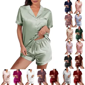 Womens Silk Satin Pajamas Loungewear Two-Piece Sleepwear Button-Down Floral Pj Set XS-4XLGift