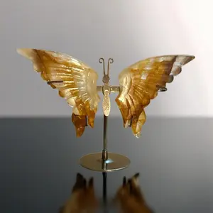 Carved Honey Calcite Butterfly Wings — Polished Crystal Pair (Display Stand)