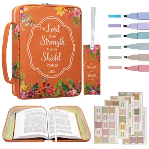 Bible Cover for Women【w/6 Highlighters & Tabs】Orange Floral Scripture Case with Handle & Zipper, Large Capacity Church Book Organizer, Pen Holders, Christian Gift for Ladies, Tropical Floral Design