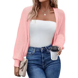 Women's Cardigan Shrugs Long Batwing Sleeve Knitted Cropped Bolero Open Front Casual Elegant Cardigans for Dresses