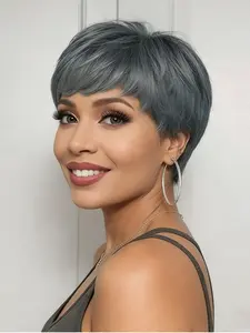 pixie cut human hair wig short straight human hair wig gray color machine made pixie wig daily party use human hair wig for women stylish gift wig