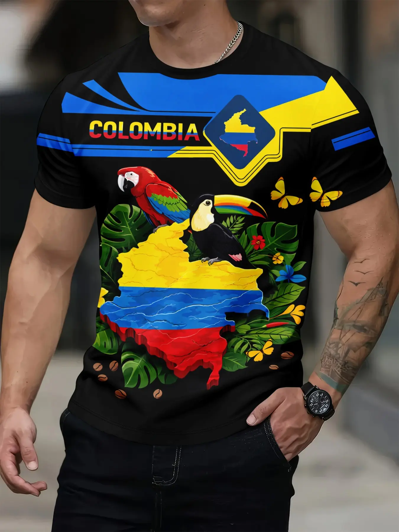 Colombia National Tropical Pattern T-Shirt, South American Casual Street Fashion Long Sleeve Top, Fitted Print Clothing for Men & Women, Daily Wear Style
