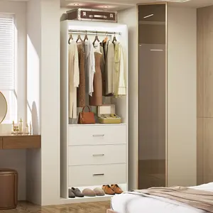 2FT Walk-in Wood Closet Organizer with 3 Wood Drawers, 24 inch Freestanding Closet System Wardrobe Storage Organization Furniture with Hanging Rods