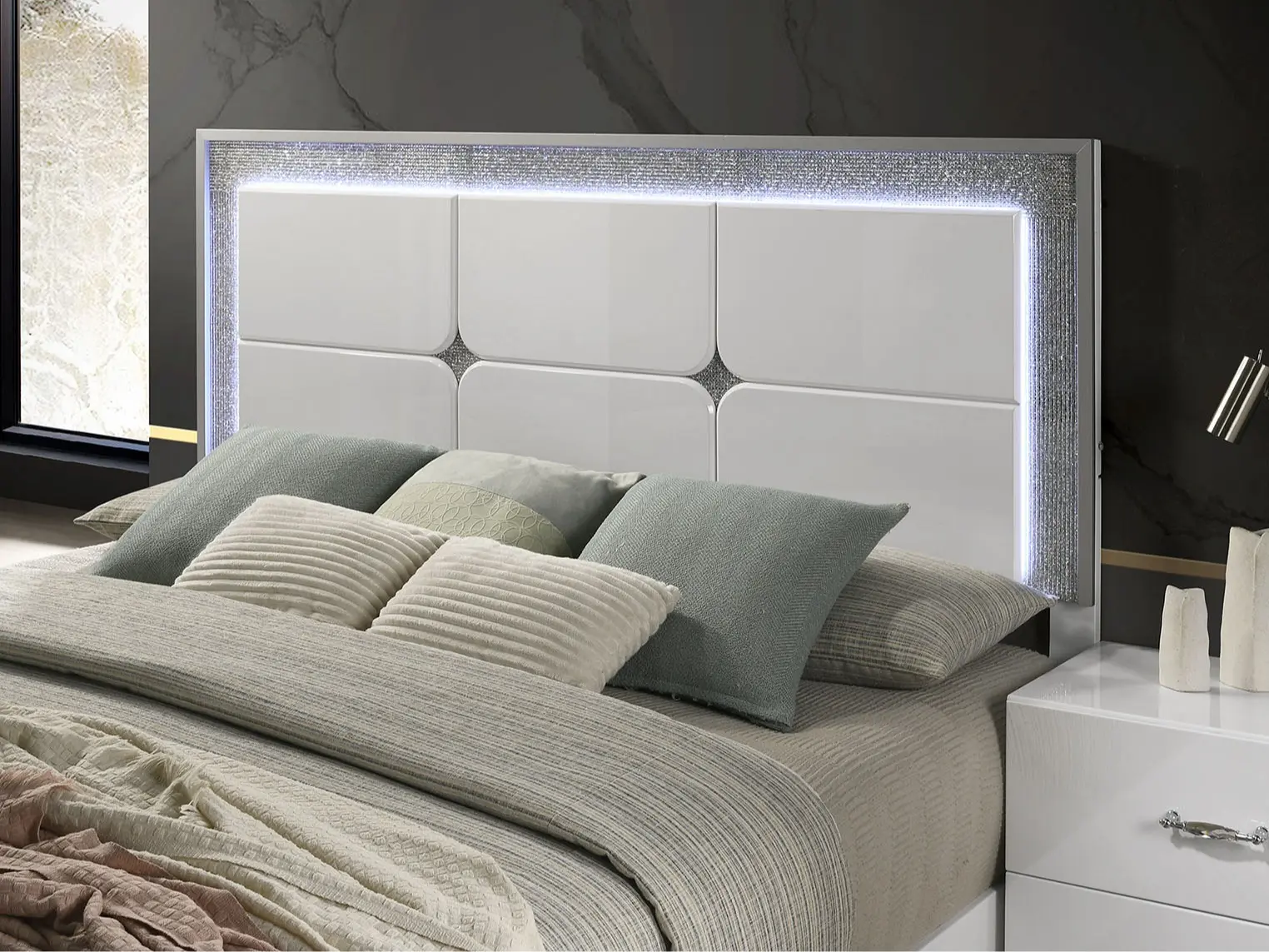Stoholm Contemporary Bed with LED Headboard and Rhinestone Trim by FOA Stoholm Contemporary Bed with LED Headboard and Rhinestone Trim by FOA