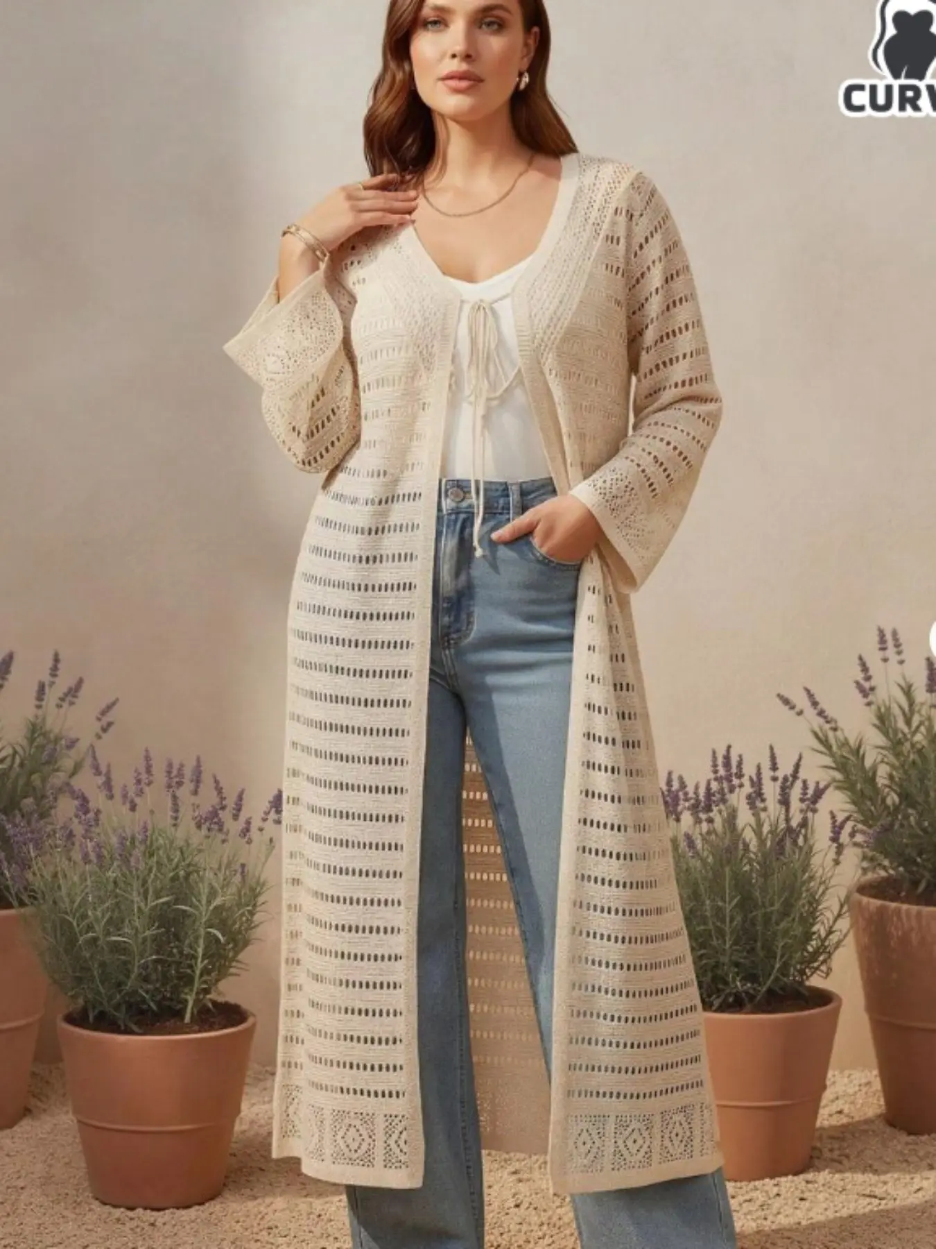 Women's Plus Size Long Knit Cardigan, Solid Color Hollow Out Long Sleeve Beach Cover-Up, Spring Summer Sun Protection Top Knitwear