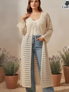 Women's Plus Size Long Knit Cardigan, Solid Color Hollow Out Long Sleeve Beach Cover-Up, Spring Summer Sun Protection Top Knitwear