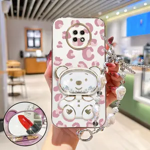 Jewelry Strap Lanyard Redmi Note 9T Shockproof Plating Phone Holder Case Compatible With for Xiaomi Redmi Note 9T Pink Luxury Leopard Print Bear Case Cover for Fashion