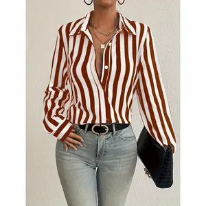 Striped Button Front Shirt, Elegant Long Sleeve Lapel Women's Clothing Casual Fabric