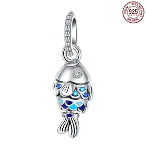 Lucky Koi Fish Ocean Animal Charm 925 Sterling Silver Blue Enamel Sparkling CZ Dangle Charms Fit for Bracelets Necklace Jewelry Gift for Women •