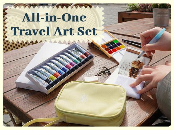 Funto Mini Watercolor Travel Set, 12-Color Refillable Travel Art Kit, All-in-One Mini Paint Supplies with Bag, Art Craft for All, Portable Water Color Paint for Beginners, lovers and Artists