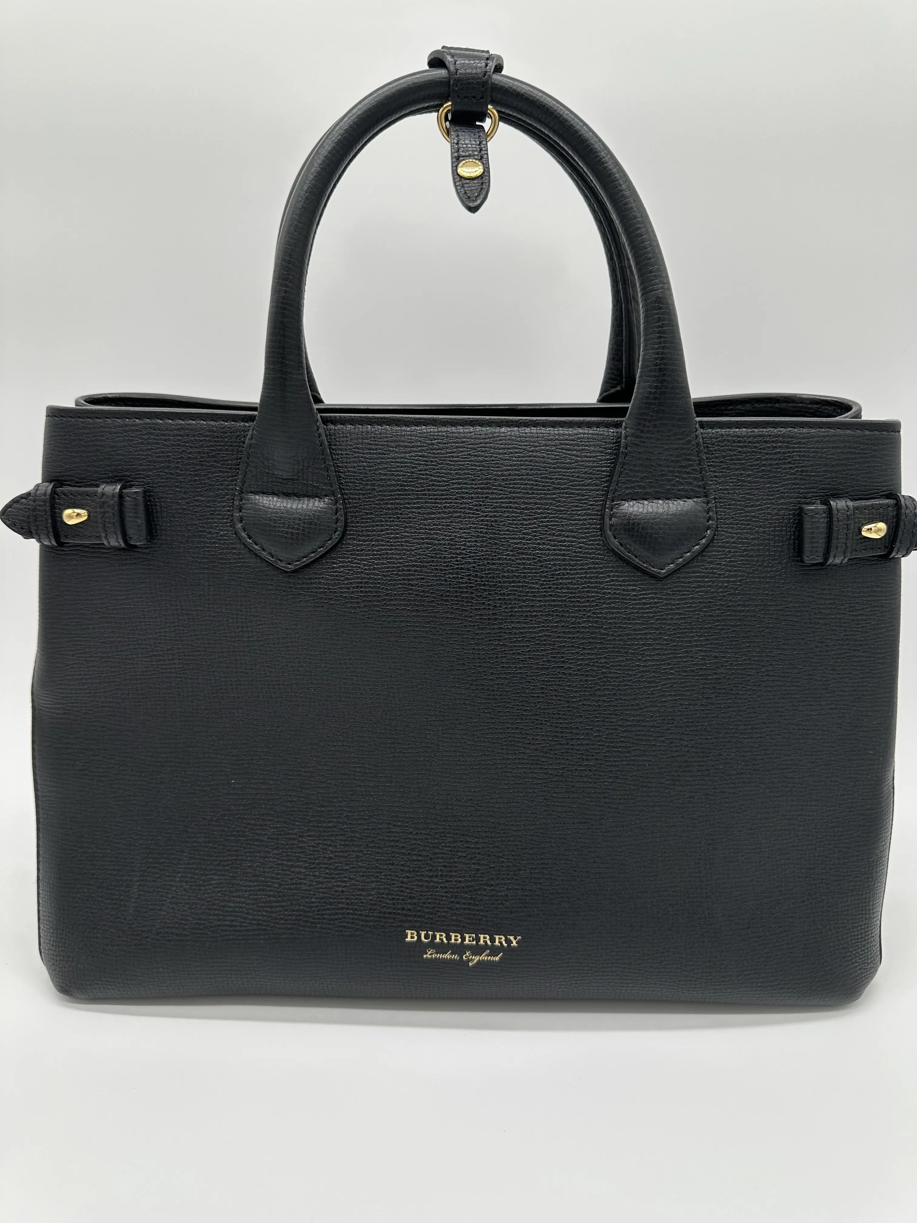 Pre-owned BURBERRY Leather Tote Bags Black Tote with Nova Check Pattern Gussets