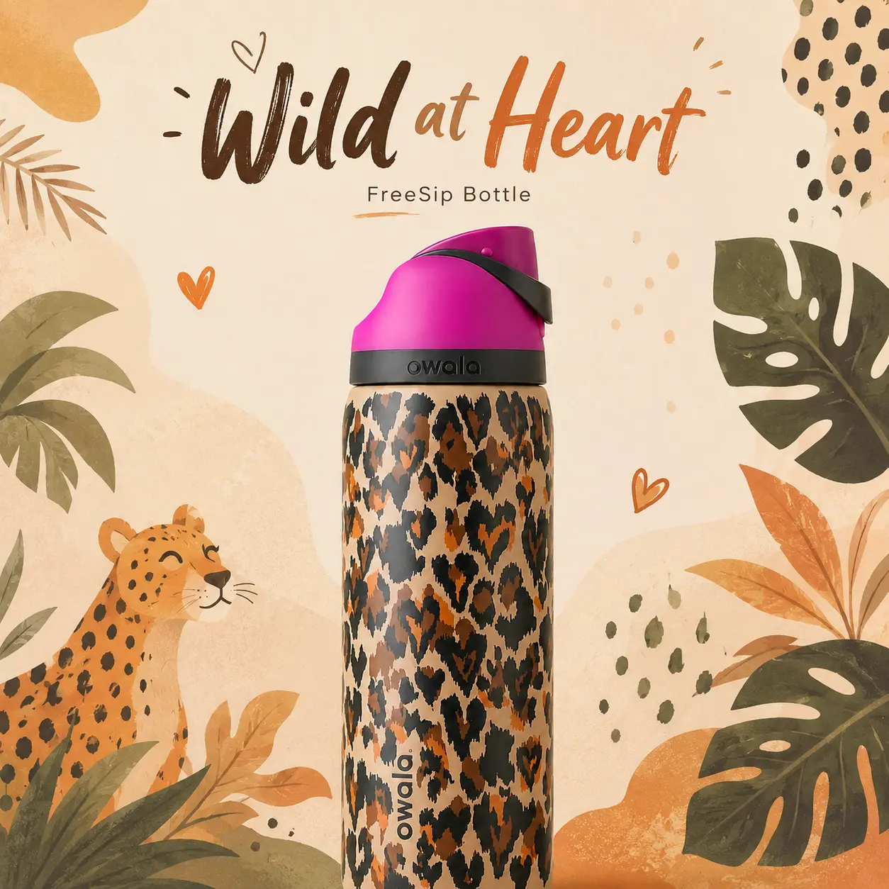 Owala FreeSip 32 oz Wild at Heart Insulated Water Bottle – Leopard Heart Print, Built-In Straw & Carry Loop